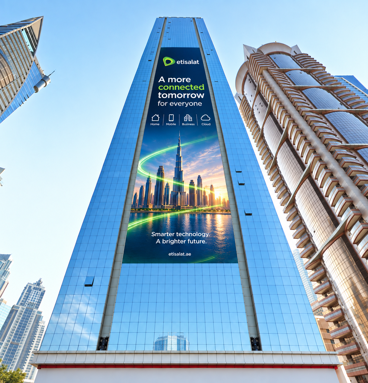 Concept mockup of an Etisalat building wrap on a Dubai tower