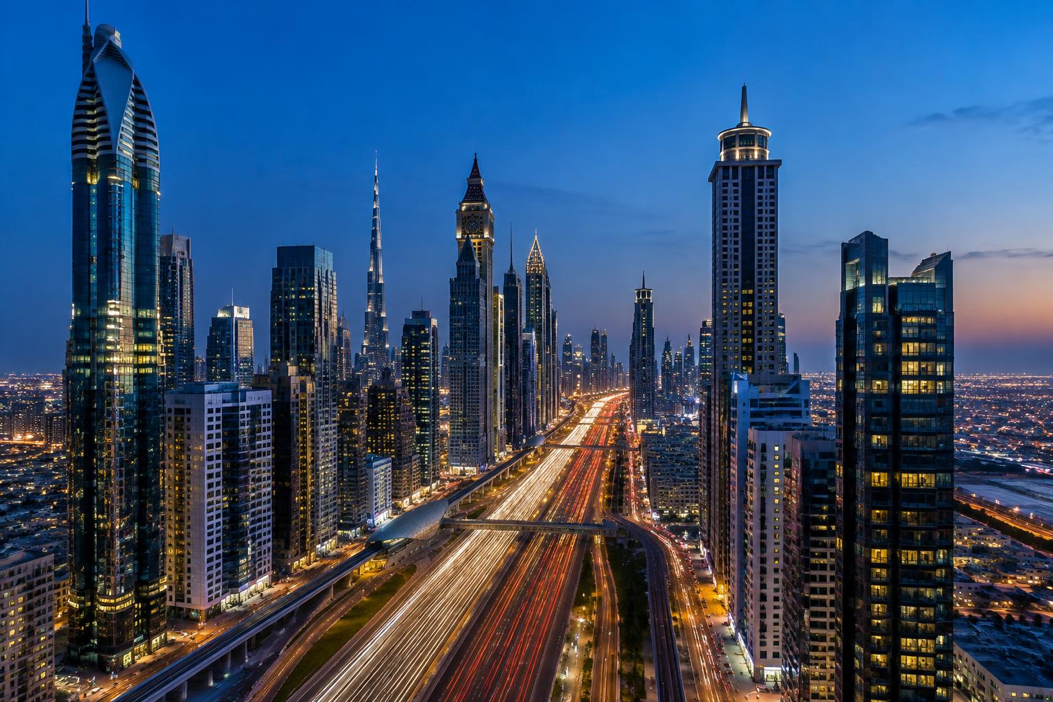 Dubai skyline overlooking Sheikh Zayed Road at dusk